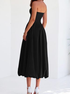 Women's 2025 Summer Strapless Tube Midi Dress Smocked A Line Bubble Long Flowy Casual Elegant Party Dresses