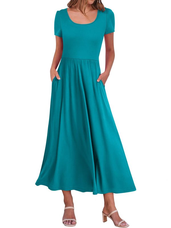 Women Summer Casual Maxi Dress Short Sleeve Square Neck High Waist Flowy A-Line Beach Long Dress with Pockets