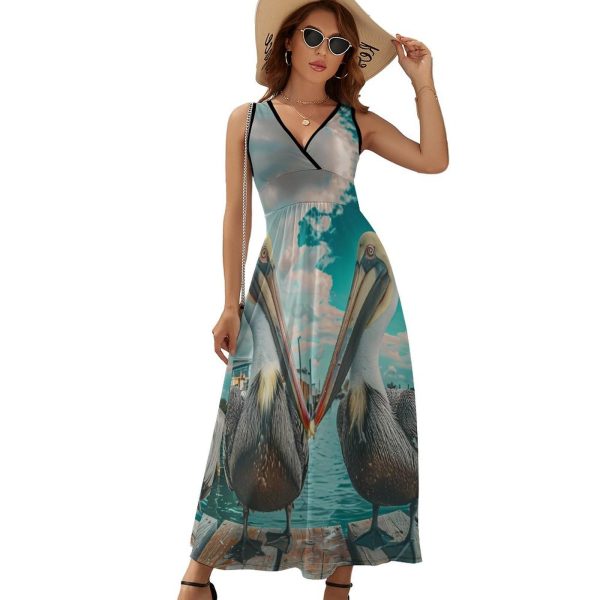 Wildlife Pelican Bird Ocean Pier Womens Casual Sleeveless Dress Maxi Long Beach Dress Sundress