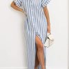 Women's Summer Short Sleeve Striped Shirt Dress Beach Maxi Long Belted Casual Button Down Dress