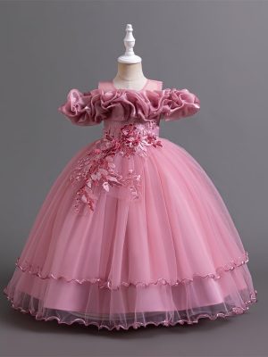 Flower Girl's Long Dress Kids Lace Princess Puff Dress Wedding Birthday Party Dress 3390