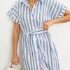 Women's Summer Short Sleeve Striped Shirt Dress Beach Maxi Long Belted Casual Button Down Dress