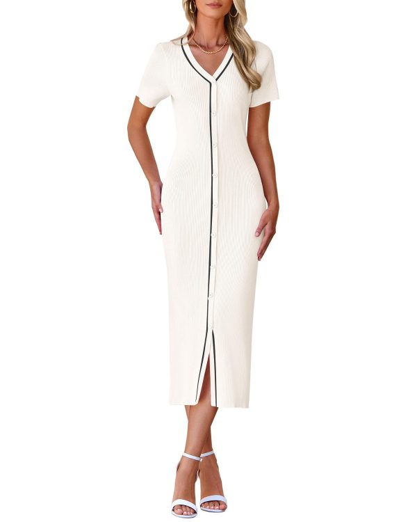 Casual Women Spring Dresses 2025 Knit Bodycon Sweater Summer Dress Decorative Button V Neck Long Dress
