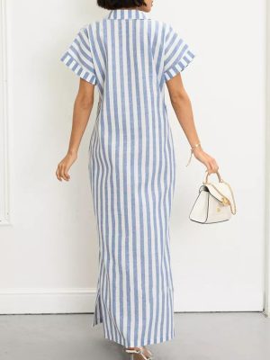 Women's Summer Short Sleeve Striped Shirt Dress Beach Maxi Long Belted Casual Button Down Dress