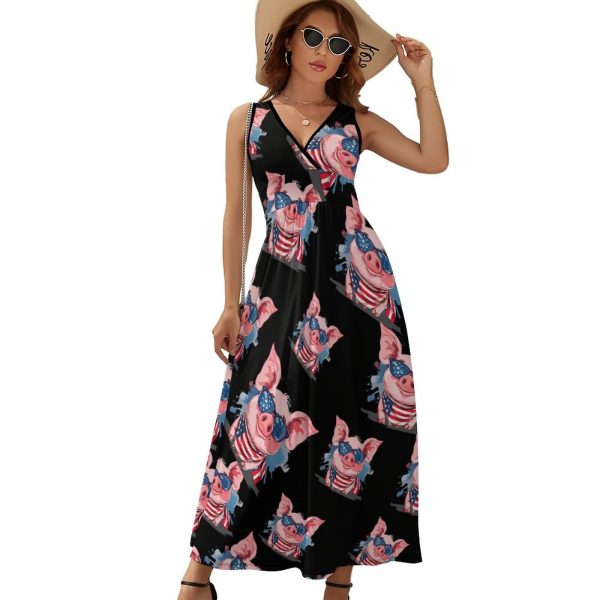 American Flag Pigs Womens Casual Sleeveless Dress Maxi Long Beach Dress Sundress