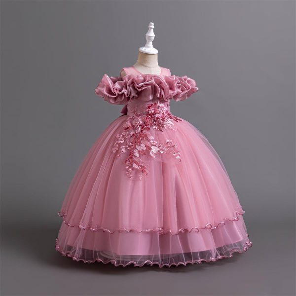 Flower Girl's Long Dress Kids Lace Princess Puff Dress Wedding Birthday Party Dress 3390