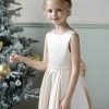 Satin Flower Girl Dresses for Wedding Floor Length Backless Princess Pageant Dress with Bow Pearls Proms Ball Gowns