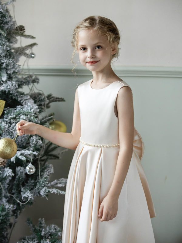 Satin Flower Girl Dresses for Wedding Floor Length Backless Princess Pageant Dress with Bow Pearls Proms Ball Gowns
