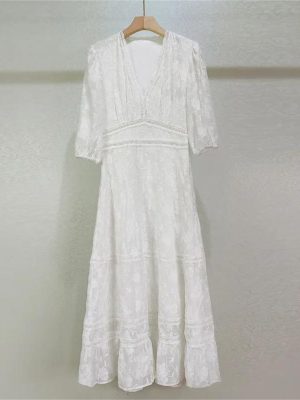 Women's 2025 Embroidered Lace Dress - Flute Hollow V-Neck