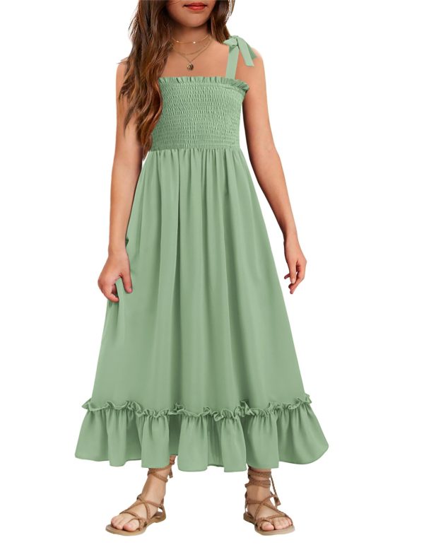61YBPQFPAOL.jpg Girls Summer Dress Boho Beach Casual Smocked Maxi Dresses 6-13 Years