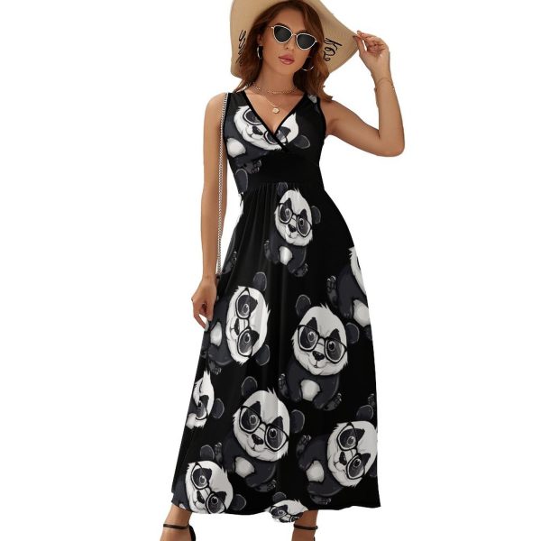 61YJSLoEpqL.jpg Cute Bear Panda Nerd with Glasses Womens Casual Sleeveless Dress Maxi Long Beach Dress Sundress