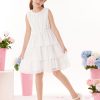 Girls Summer Sleeveless Ruffle Dress Swiss Dot Spring Sundress Flowing Tiered Layers Midi Casual Dress 5-12Y