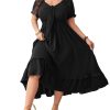 Women's Plus Size Summer Dress Casual V Neck Short Sleeve Maxi Dress Bow Tie Boho Swing Flowy Long Dresses