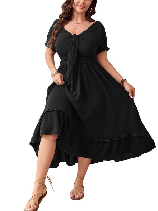 Women's Plus Size Summer Dress Casual V Neck Short Sleeve Maxi Dress Bow Tie Boho Swing Flowy Long Dresses