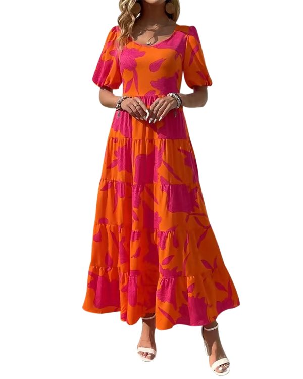 61b1BrVMVmL.jpg Casual Women Summer Dresses 2024 Puff Sleeve Floral Maxi Dresses Smocked Backless Flowy Tiered Beach Long Dress