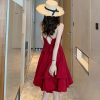 61e-DVuKYTL.jpg Beach Dresses Beach Skirt Female Super Fairy Photo Travel Clothes Small Seaside Vacation Red Suspender Dress Bikini
