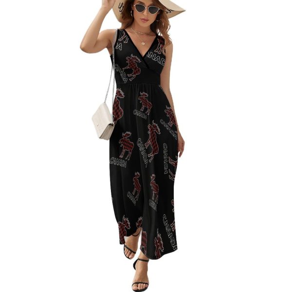Plaid Moose Animal Silhouette Canada Womens Casual Sleeveless Dress Maxi Long Beach Dress Sundress