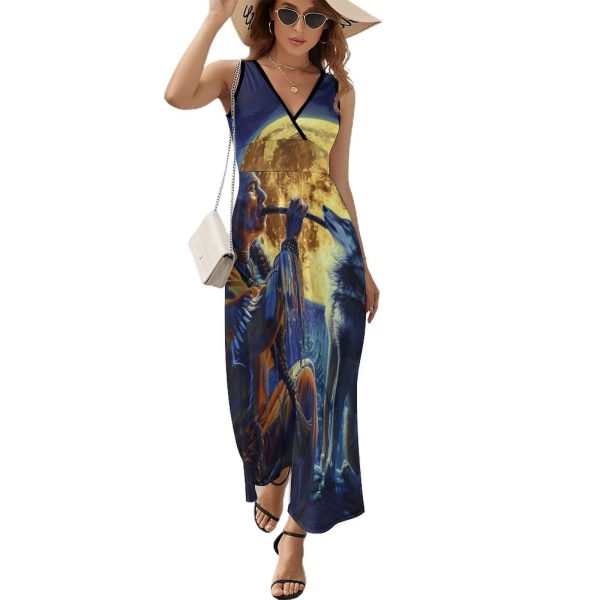 Tribal Wolf Song Native American Womens Casual Sleeveless Dress Maxi Long Beach Dress Sundress