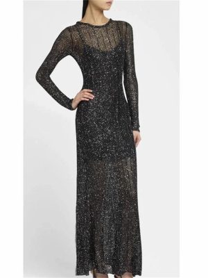 Women's Silk Knit O-Neck Dress - Slim Fit Spaghetti Strap Lining Maxi Evening Dress