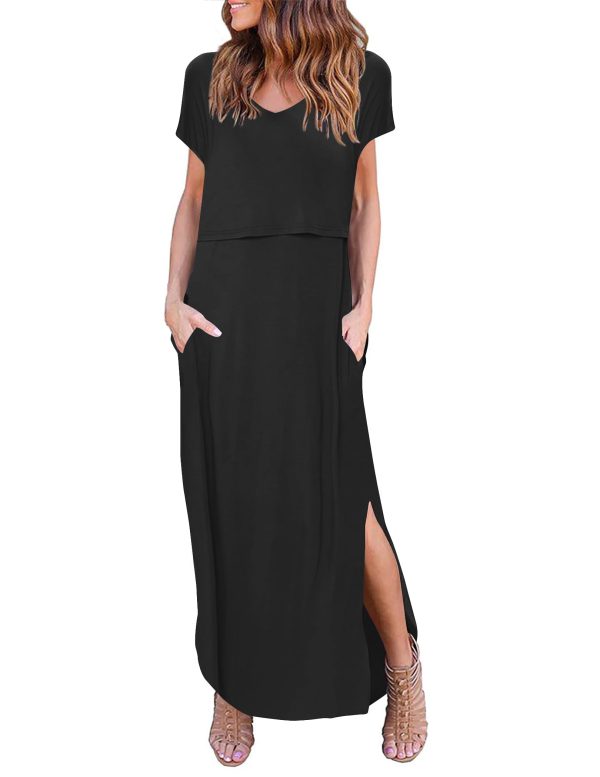 Women's Nursing Dress Summer V Neck Short Sleeve Maternity Split Long Dresses for Breastfeeding with Pockets S-XXL