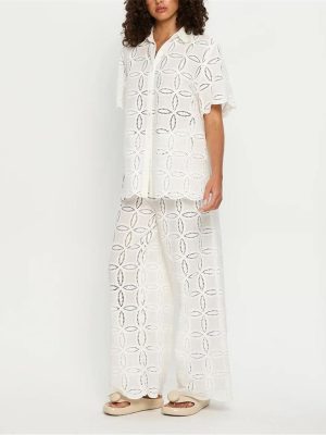 Women's Embroidered Cotton Set - White Hollow Out Shirt & Elastic Waist Pants