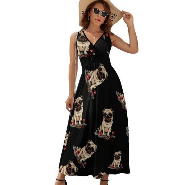 Poker Pug Lover Cute Dog Playing Cards Womens Casual Sleeveless Dress Maxi Long Beach Dress Sundress