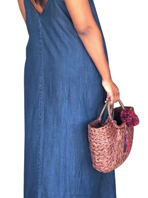 Women's Sexy Maxi Denim Dresses Casual Spaghetti Strap Striped Long Sundress Wiht Pockets