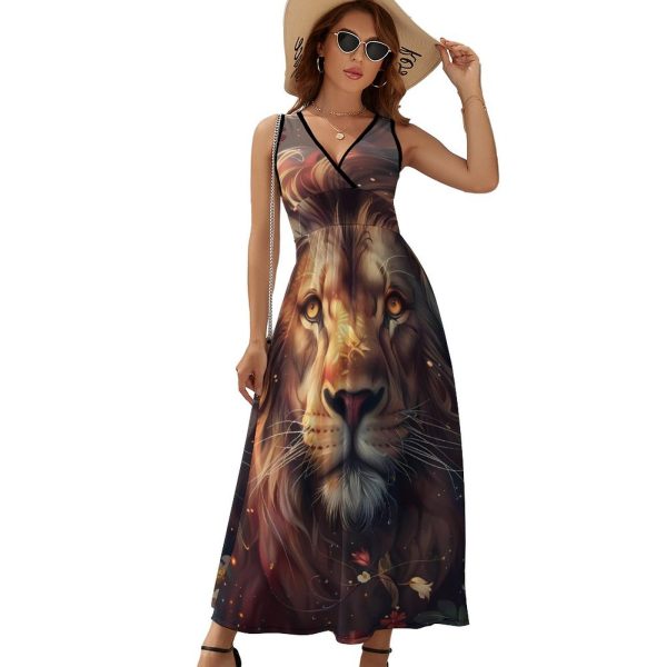 Wild Animals Lion Flowers Womens Casual Sleeveless Dress Maxi Long Beach Dress Sundress