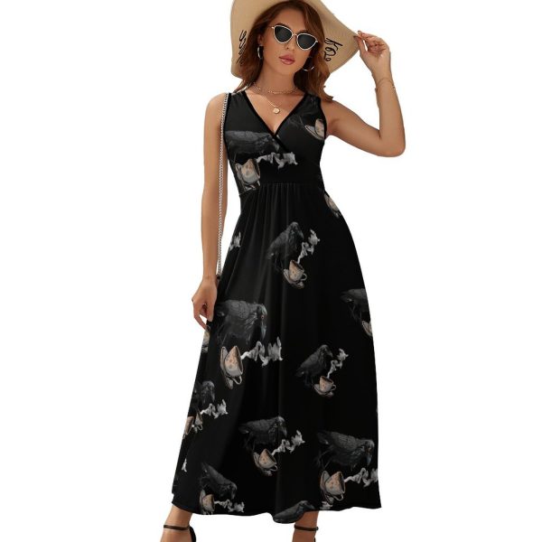 Crow Funny Coffee Drinking Womens Casual Sleeveless Dress Maxi Long Beach Dress Sundress