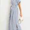 Women's Summer Short Sleeve Striped Shirt Dress Beach Maxi Long Belted Casual Button Down Dress