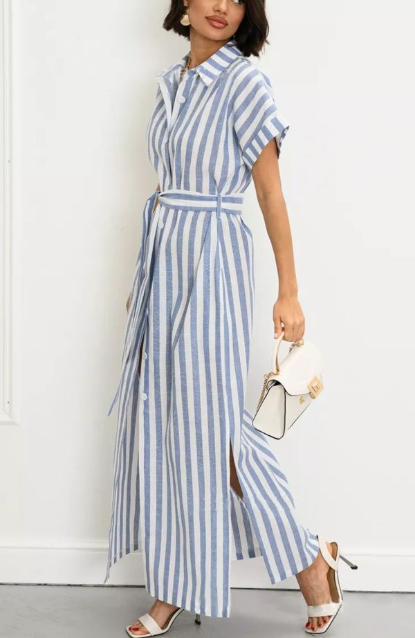 Women's Summer Short Sleeve Striped Shirt Dress Beach Maxi Long Belted Casual Button Down Dress