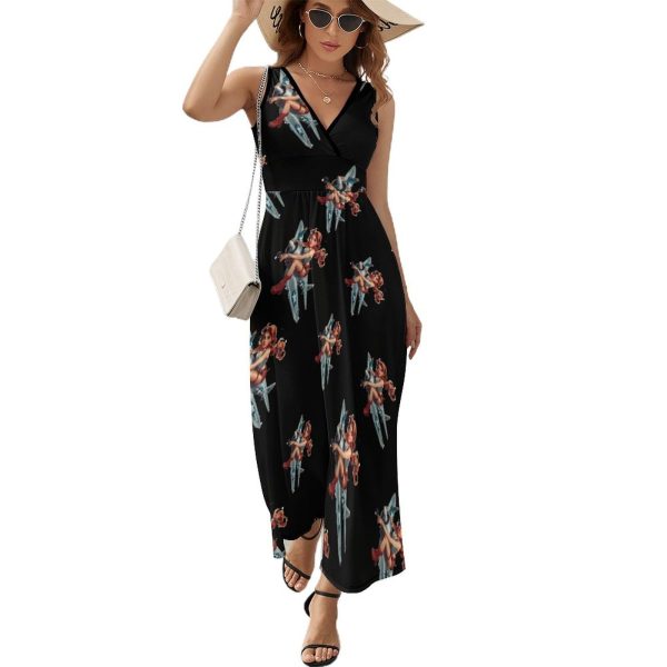 Pin Up Girl Bomber Womens Casual Sleeveless Dress Maxi Long Beach Dress Sundress