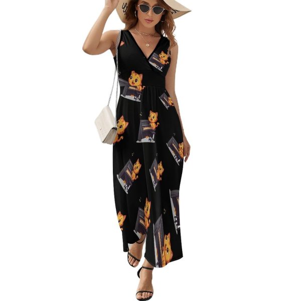 Orange Cat Playing Piano Music Womens Casual Sleeveless Dress Maxi Long Beach Dress Sundress