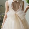 Flower Girl Dresses for Wedding Puffy Satin Tulle Princess Pageant Dress for Girls Crew Neck Tulle Bow Prom Ball Gowns