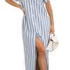 Women's Summer Short Sleeve Striped Shirt Dress Beach Maxi Long Belted Casual Button Down Dress