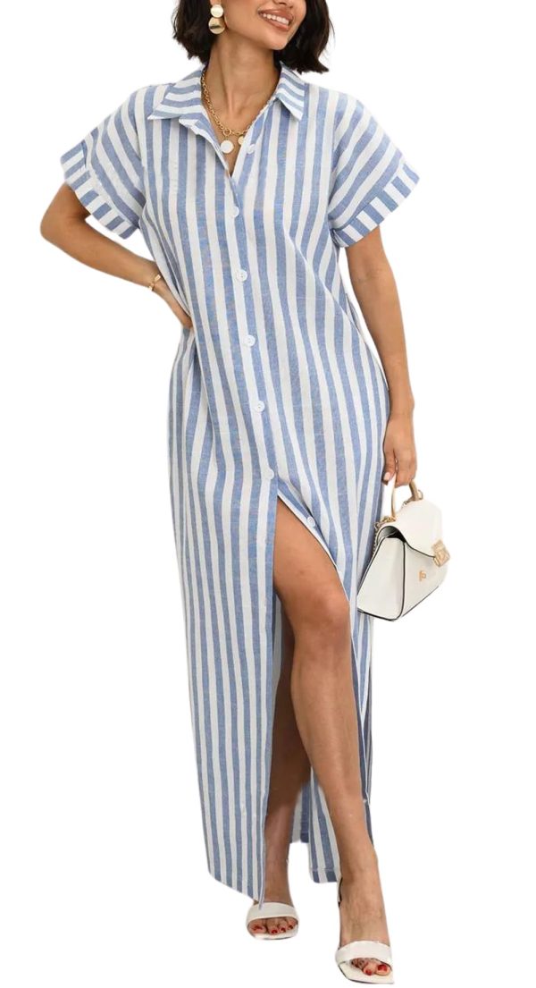 Women's Summer Short Sleeve Striped Shirt Dress Beach Maxi Long Belted Casual Button Down Dress