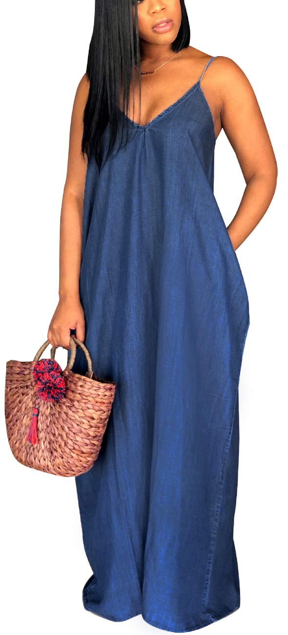 61s-7H2I5gL.jpg Maxi Dresses for Women Sexy Casual Spaghetti Strap Long Summer Sundress with Pockets