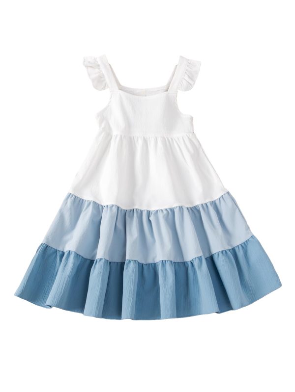 Girls' Color Block Ruffle Trim Sleeveless High Waist Flared Long Cami Dress