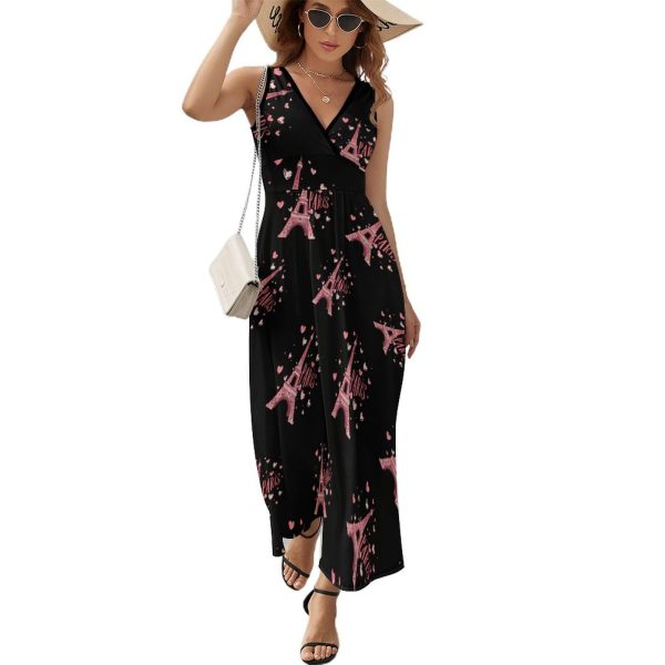 Paris France Eiffel Tower Souvenir Womens Casual Sleeveless Dress Maxi Long Beach Dress Sundress