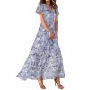 Women's Summer Short Sleeve Maxi Dresses Swing Flowy Ruffle Hem Swing Floral V Neck Chiffon Modest Dress
