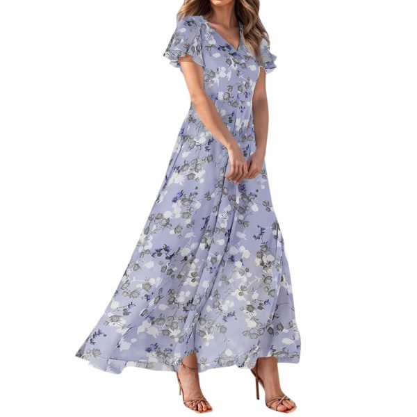 Women's Summer Short Sleeve Maxi Dresses Swing Flowy Ruffle Hem Swing Floral V Neck Chiffon Modest Dress