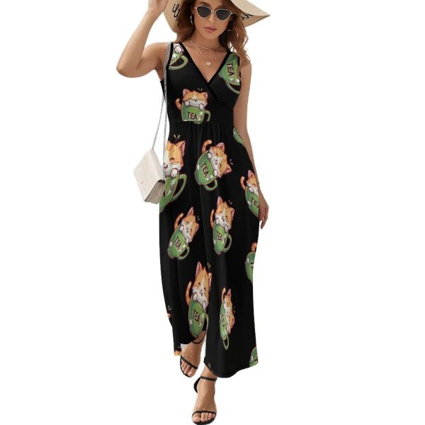 61vCu1LedL.jpg Cat Teacup Womens Casual Sleeveless Dress Maxi Long Beach Dress Sundress
