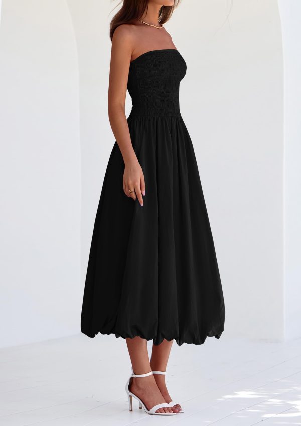 Women's 2025 Summer Strapless Tube Midi Dress Smocked A Line Bubble Long Flowy Casual Elegant Party Dresses