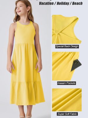 Girls Summer Maxi Dress Sleeveless Back Detailed Tiered Sundress with Pockets 5-12 Years