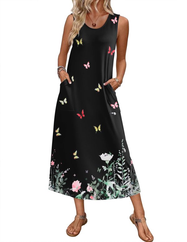 Nightgowns for Women Sleeveless Sleepshirt Long Print House Dress Tank Nightshirt Maxi Casual Dress with Pockets