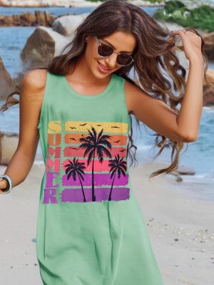 Summer Tank Dress for Women Casual Vacation Sundress Coconut Tree Graphic Beach Cover Up