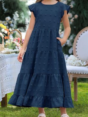 Girls Maxi Dress Ruffle Sleeve Swiss Dot A Line Tiered Flowy Casual Party Dresses with Pockets for 6-12 Y