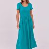 Women Summer Casual Maxi Dress Short Sleeve Square Neck High Waist Flowy A-Line Beach Long Dress with Pockets