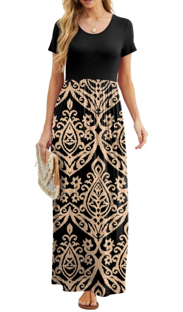 713WpXmRbiL.jpg Women Summer Crew Neck Casual Short Sleeve Solid Floral Print Long Maxi Dress with Pockets
