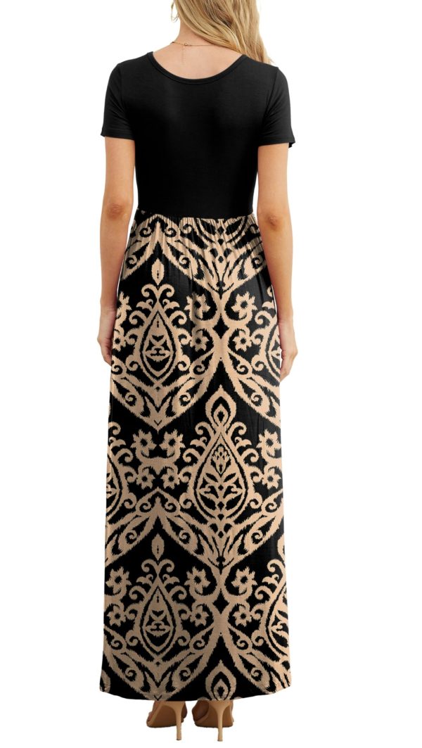 715SnJ-T5CL.jpg Women Summer Crew Neck Casual Short Sleeve Solid Floral Print Long Maxi Dress with Pockets